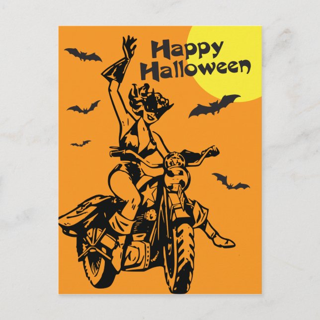 Carte Postale Joyeuse femme de moto Halloween en costume de chat (Devant)