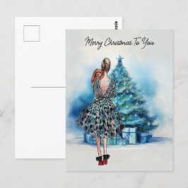 Carte Postale Joyeuse femme de Noël et arbre de Noël bleu