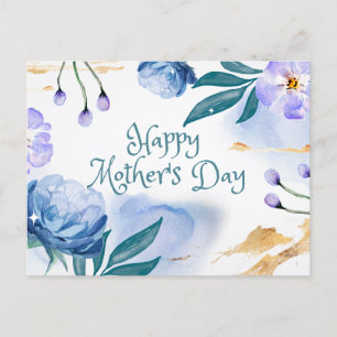 Carte Postale Joyeuse Fête des Mères Aquarelle Bleu, Fleurs viol