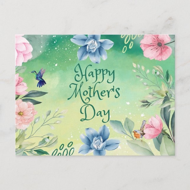 Carte Postale Joyeuse Fête des Mères Aquarelle rose, Fleurs Bleu (Devant)