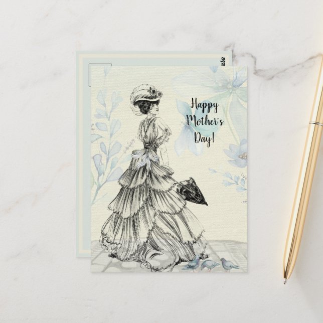 Carte Postale Joyeuse fête des mères Femme victorienne Parasol B (Devant/Arrière en situation)