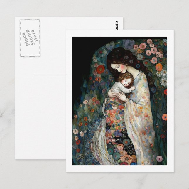 Carte Postale Joyeuse fête des Mères Peinture de Mère et d'Enfan (Devant / Derrière)