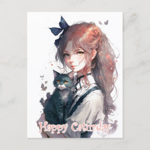 Carte Postale Joyeuse Fille Caturday tenant Son Chat Aquarelle