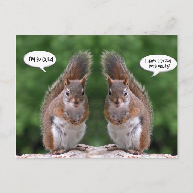 Carte Postale Joyeuse journée des jumeaux, humour écureuil roux, (Devant)
