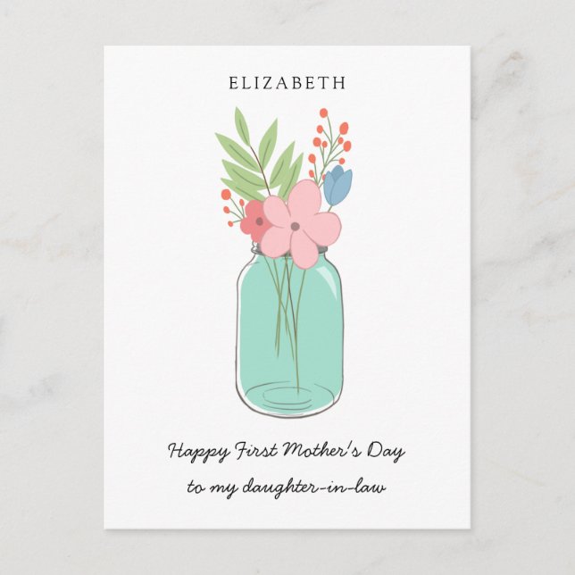 Carte Postale Joyeuse première fête des mères Mason Jar fille en (Devant)