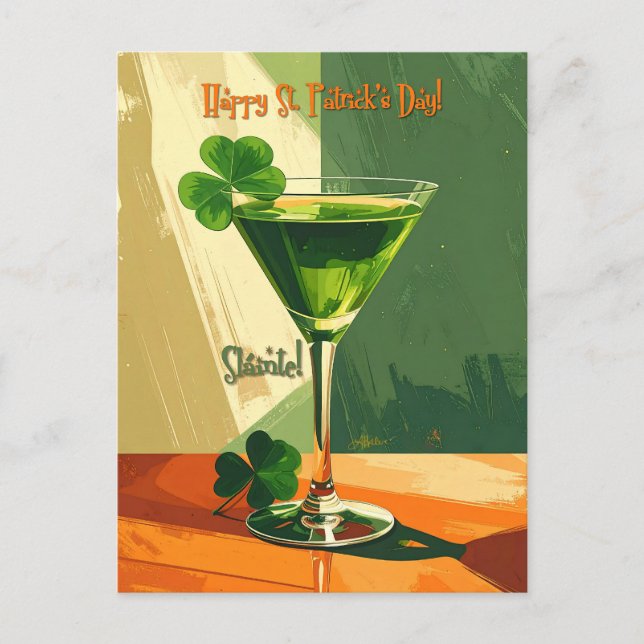 Carte Postale Joyeuse Saint-Patrick Martini Trèfle  (Devant)