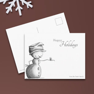 Carte Postale Joyeuses Fêtes Bonhomme de Neige Noir et Blanc ave