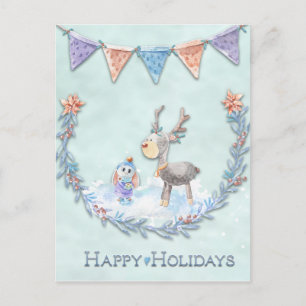 Carte Postale Joyeuses Fêtes Couronne de Lapin de Renne Scène de