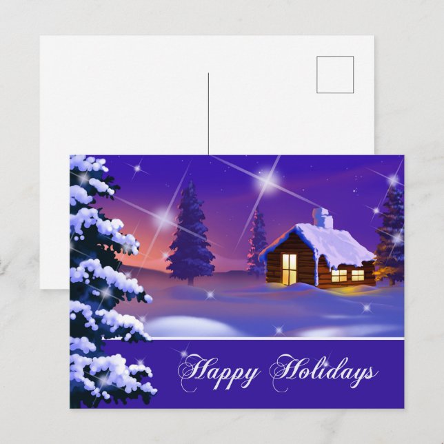 Carte Postale Joyeuses fêtes. Village de neige peinture Noël (Devant / Derrière)