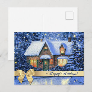 Carte Postale Joyeuses fêtes. Village de neige peinture Noël
