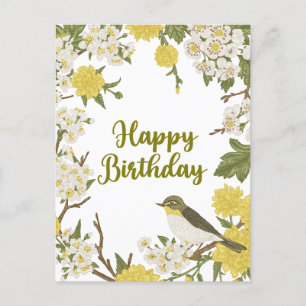 Carte Postale Joyeuses fleurs d'anniversaire et nature des oisea