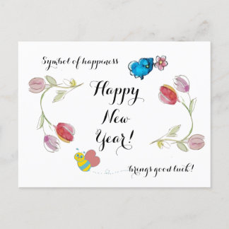 Carte Postale Joyeuses fleurs du Nouvel An et symbole du bonheur