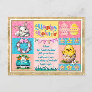 Carte Postale Joyeuses Pâques avec Lapin, Poussin, Œufs et Fleur