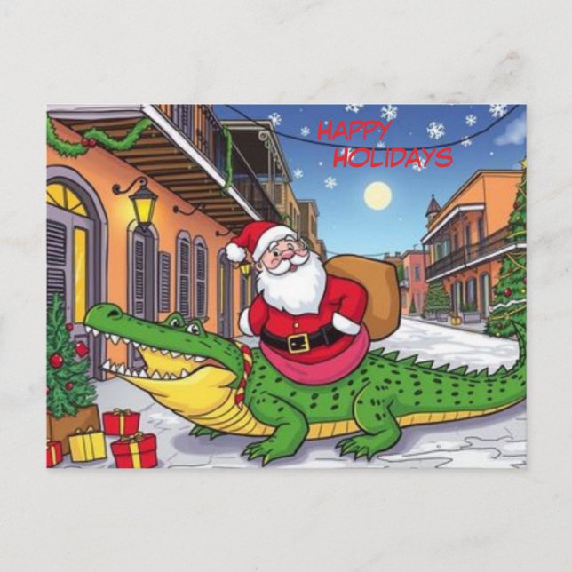 Carte Postale Joyeuses Vacances Père Noël Et Alligator Quartier  (Devant)