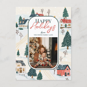 Carte Postale Joyeuses vacances Village d'hiver Photo de famille