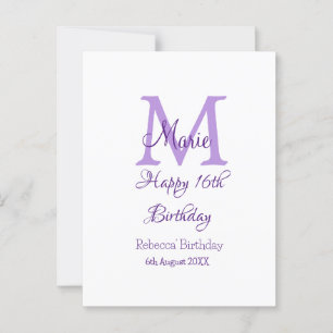 Carte Postale Joyeux 16e Anniversaire violet ajouter nom monogra
