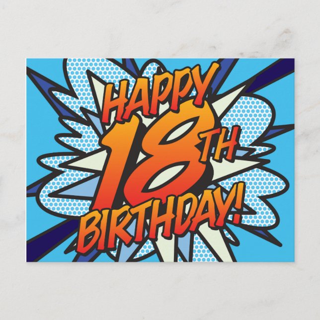 Carte Postale Joyeux 18e anniversaire Comic Book Pop Art bleu (Devant)