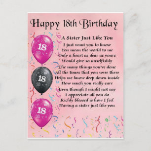 Carte Postale Joyeux 18e anniversaire - Poème soeur