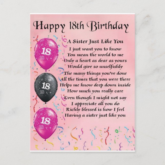 Carte Postale Joyeux 18e anniversaire - Poème soeur (Devant)