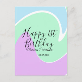 Carte Postale Joyeux 1er anniversaire rose vert bleu acrylique v