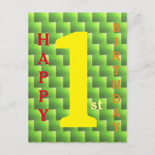 Carte Postale Joyeux 1er anniversaire rouge orange jaune vert os