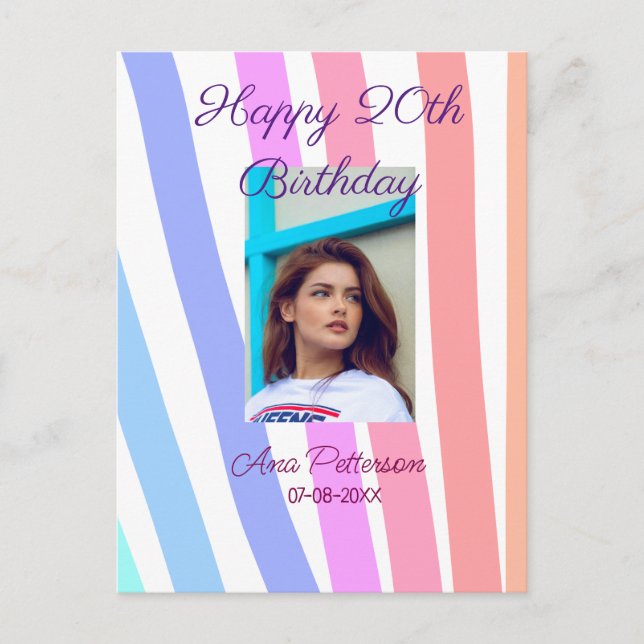 Carte Postale Joyeux 20e anniversaire arc-en-ciel lignes boho ru (Devant)