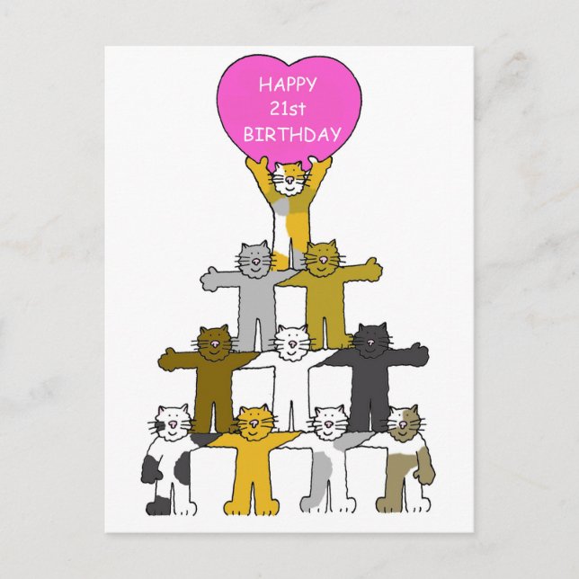 Carte Postale Joyeux 21e anniversaire Cartoon Cats. (Devant)