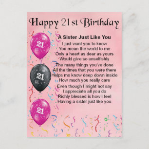Carte Postale Joyeux 21e anniversaire - Poème soeur