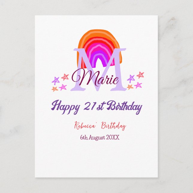 Carte Postale Joyeux 21e Anniversaire rose ajoutez nom monogramm (Devant)