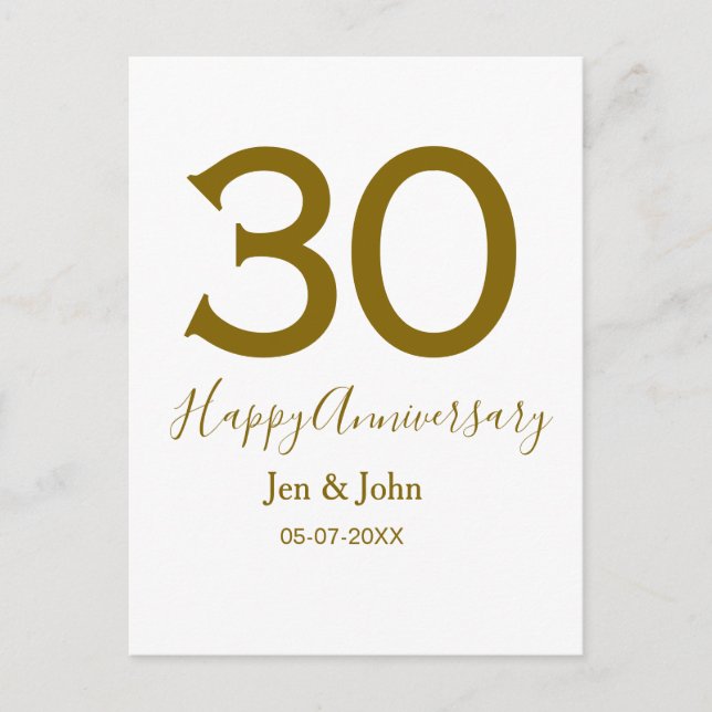 Carte Postale Joyeux 30e anniversaire nom date lettres dorées (Devant)