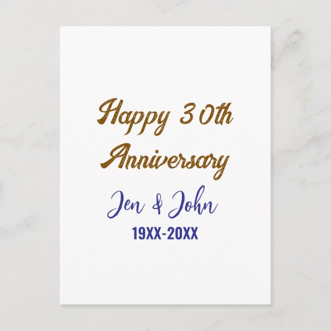 Carte Postale Joyeux 30ème anniversaire de mariage bleu royal or (Devant)
