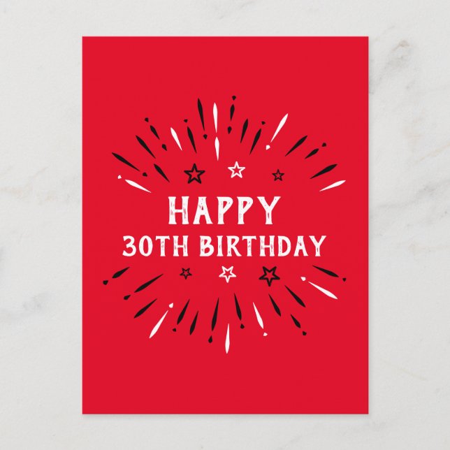Carte Postale Joyeux 30ème Anniversaire Feux d'Artifice Rouge No (Devant)