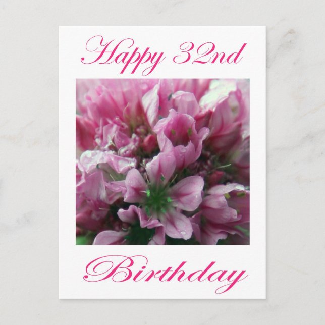 Carte Postale Joyeux 32e anniversaire rose et vert Fleur (Devant)