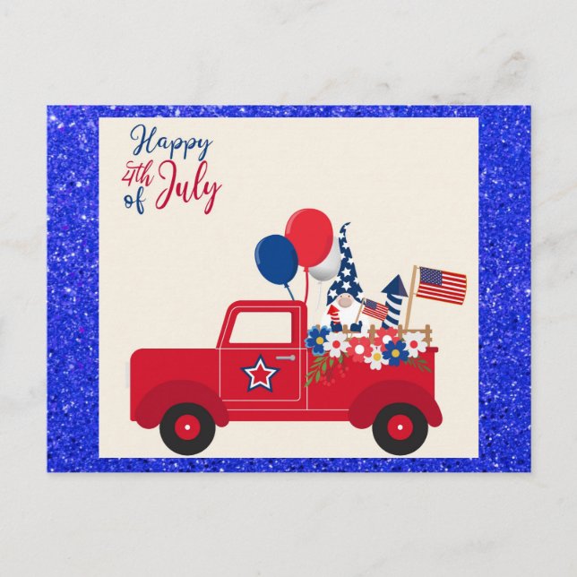 Carte Postale Joyeux 4 juillet Cute Gnome Rouge Blanc et Bleu (Devant)