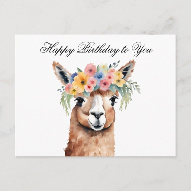 Carte Postale Joyeux Anniversaire à Toi Alpaca avec des Fleurs  (Devant)