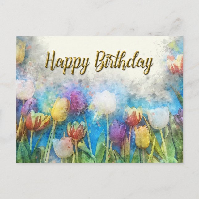 Carte Postale Joyeux Anniversaire Aquarelle Fleurs de Tulipe Abs (Devant)