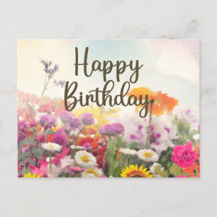 Carte Postale Joyeux anniversaire Aquarelle Fleurs sauvages d'ét