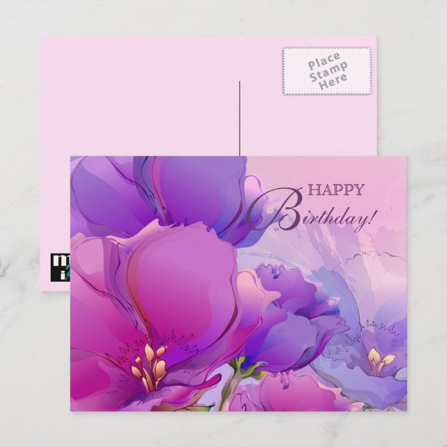 Carte Postale Joyeux anniversaire. Aquarelle rose Lilac Floral (Devant / Derrière)