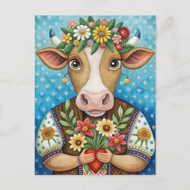 Carte Postale Joyeux anniversaire art folklorique avec vache au  (Devant)