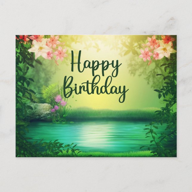 Carte Postale Joyeux Anniversaire Belle Nature Lac & Fleurs  (Devant)