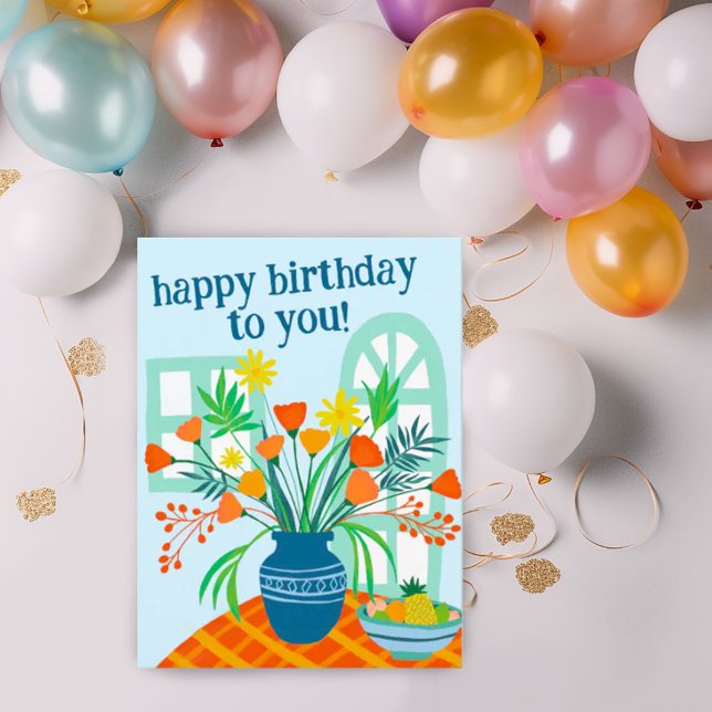Carte Postale JOYEUX ANNIVERSAIRE Bouquet Floral Mignon Personna (Sweet happy birthday postcard with drawing of a vase full of flowers. Add your own text to customize)