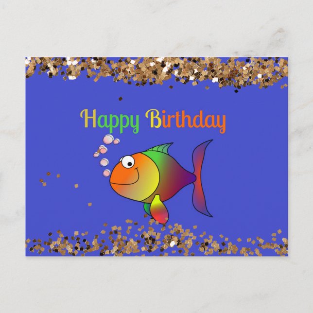 Carte Postale Joyeux Anniversaire, Bubbles le Poisson avec Or Po (Devant)