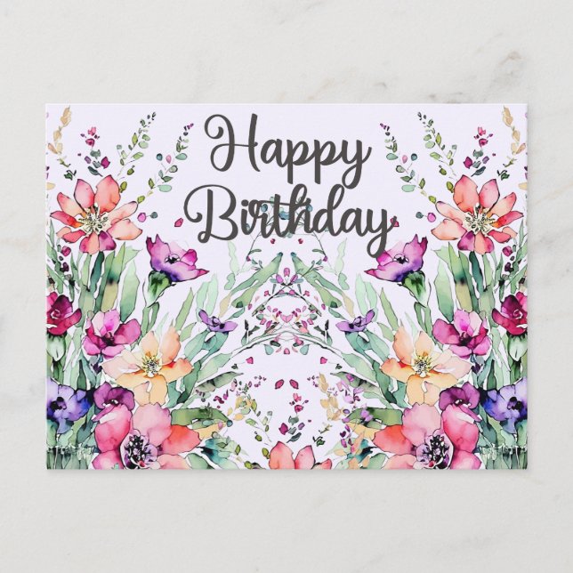 Carte Postale Joyeux Anniversaire Champ De Fleurs Sauvages Aquar (Devant)