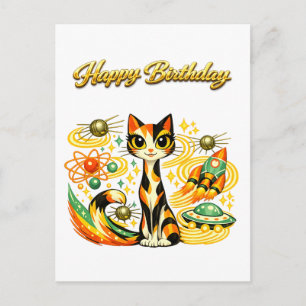 Carte Postale Joyeux Anniversaire Chat Calico Espace Atomique Sc