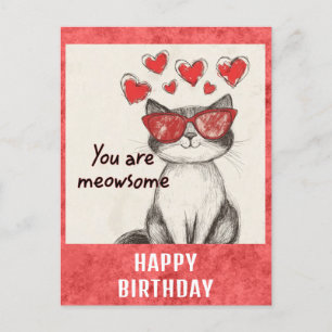 Carte Postale Joyeux Anniversaire Chat Mignon Drôle Coeurs