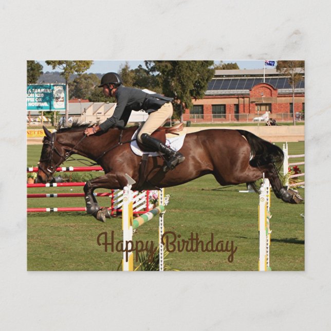 Carte Postale Joyeux Anniversaire : Cheval de saut d'obstacles e (Devant)