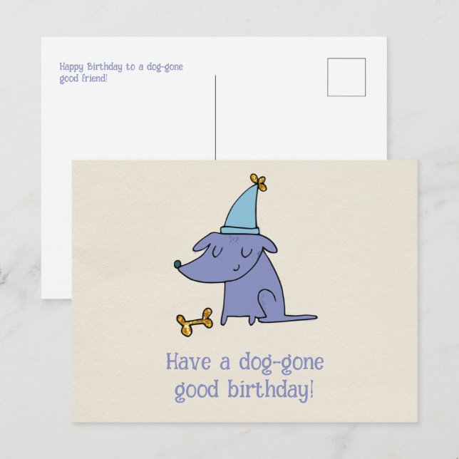 Carte Postale Joyeux anniversaire chien avec un chapeau de fête  (Devant / Derrière)