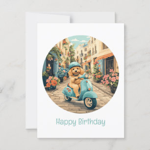 Carte Postale Joyeux Anniversaire Chien Goldendoodle à Trottinet