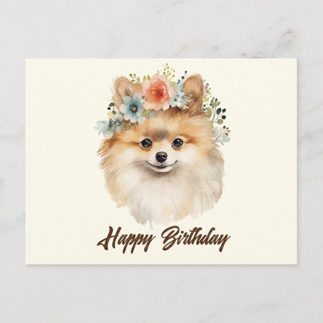 Carte Postale Joyeux Anniversaire Chien Poméranien Mignon avec d (Devant)