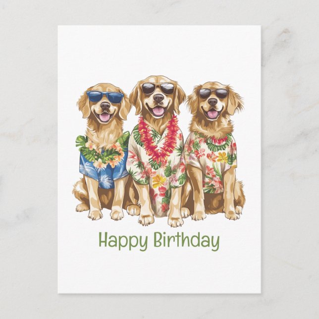 Carte Postale Joyeux Anniversaire Chiens Retriever Golden Hawaïe (Devant)